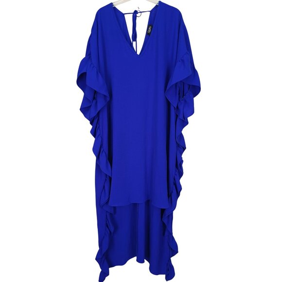 Boutique Flowing Blue Ruffled Kaftan Dress With V-Neck & Tie Back High Low - Picture 2 of 11